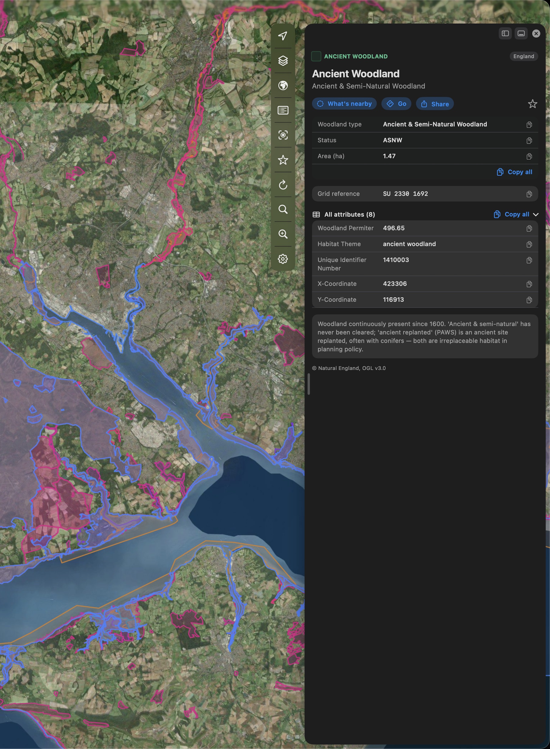 Merestone on the Mac in dark mode — an Ancient Woodland record open in the side panel over a satellite map of the New Forest