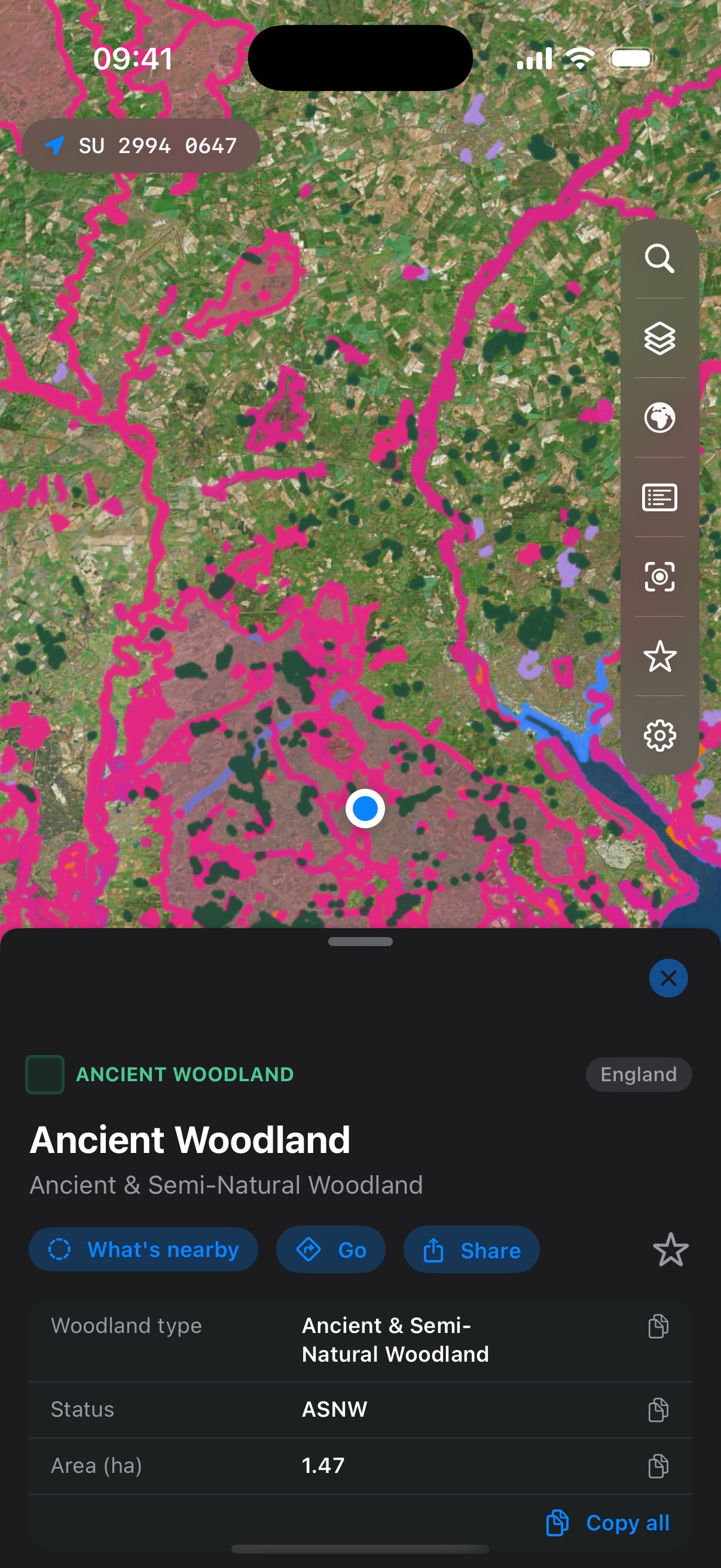 Merestone on iPhone — the official record for an Ancient Woodland, with sharing and copy actions