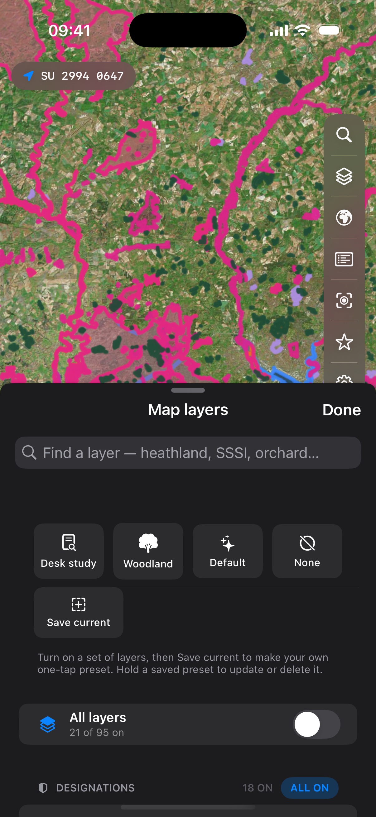 Merestone on iPhone — the Map layers sheet with one-tap presets like Desk study and Woodland
