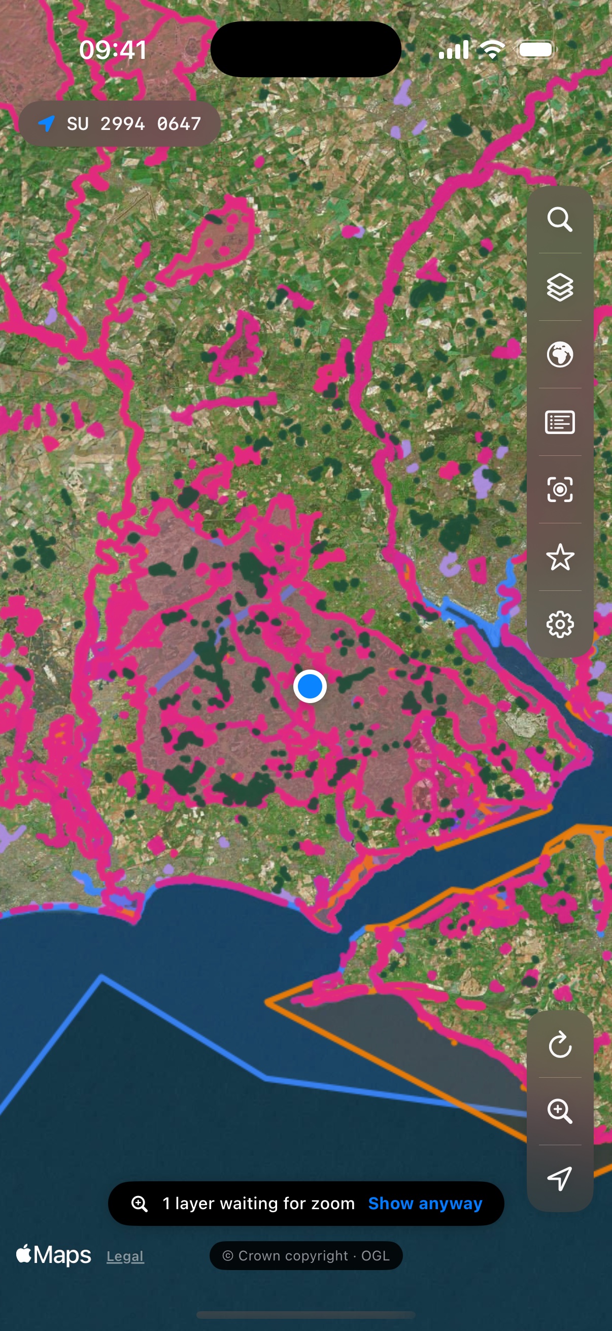 Merestone on iPhone — satellite map of the New Forest with SSSI boundaries, grid reference chip and one-handed controls