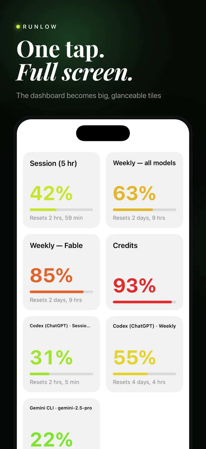 Runlow full-screen tile grid on iPhone