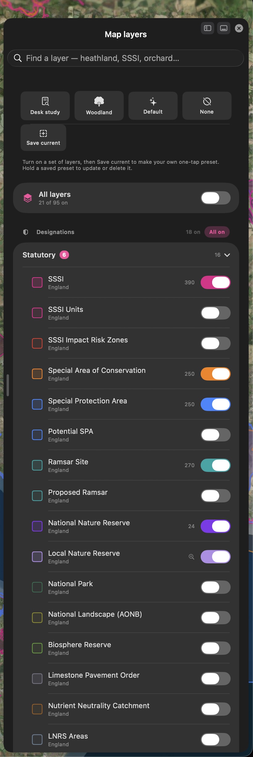 The Map layers panel on the Mac — presets, search, and designation layers with live feature counts and toggles