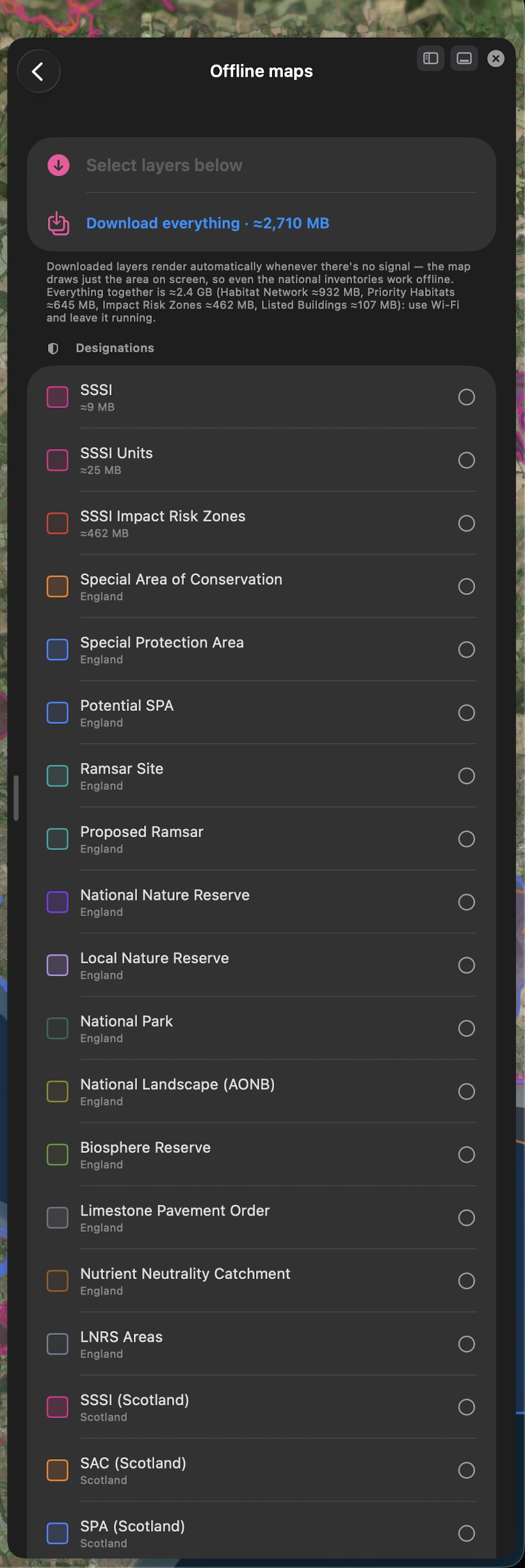 Offline maps on the Mac — download single layers with sizes shown, or everything at once