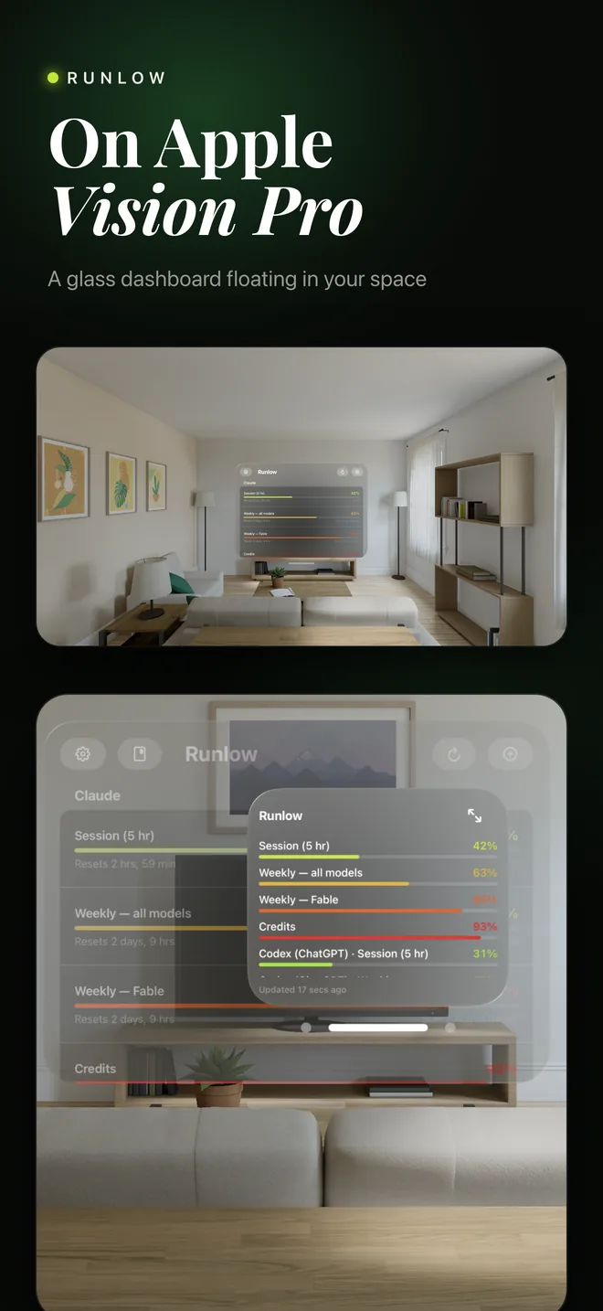 Runlow dashboard on Apple Vision Pro